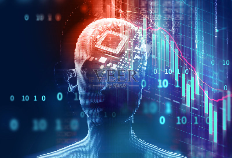 技术背景上的虚拟人的三维插图。正版图片素材