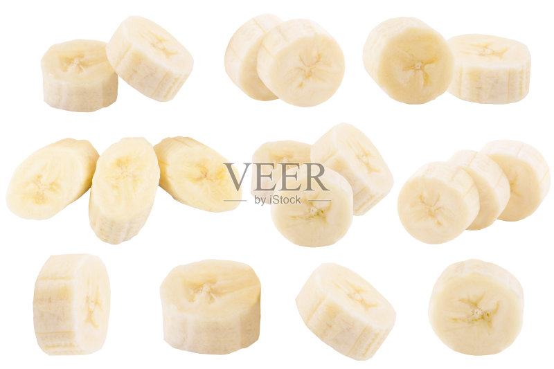 新鲜香蕉切片组合，白色背景正版图片素材