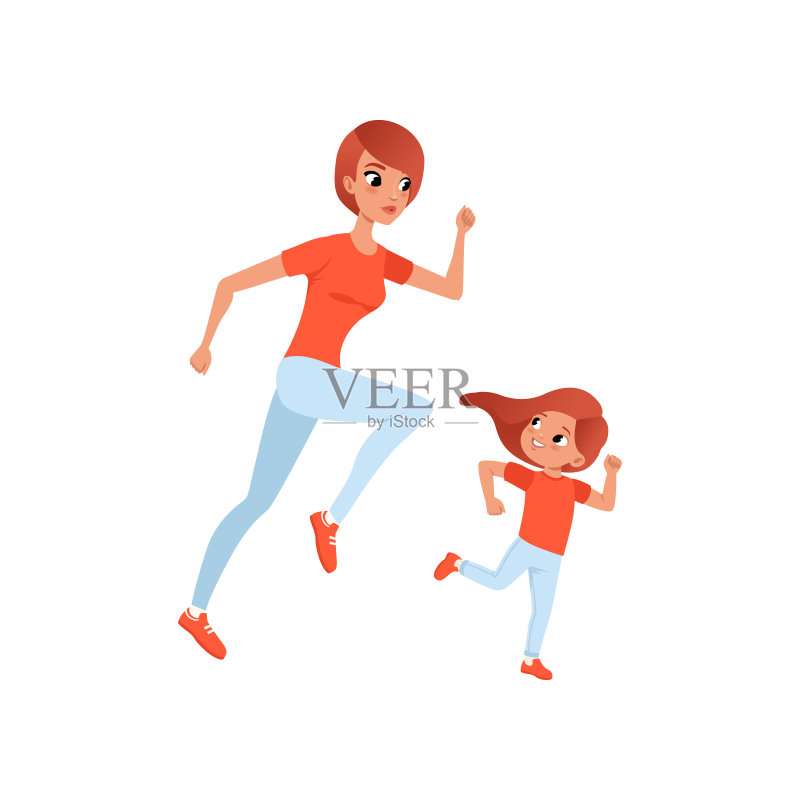 妈妈和她的小女儿在晨跑。身体活动和健康生活方式的概念。妈妈和孩子穿着运动裤和t恤。平面向量的设计正版插画素材