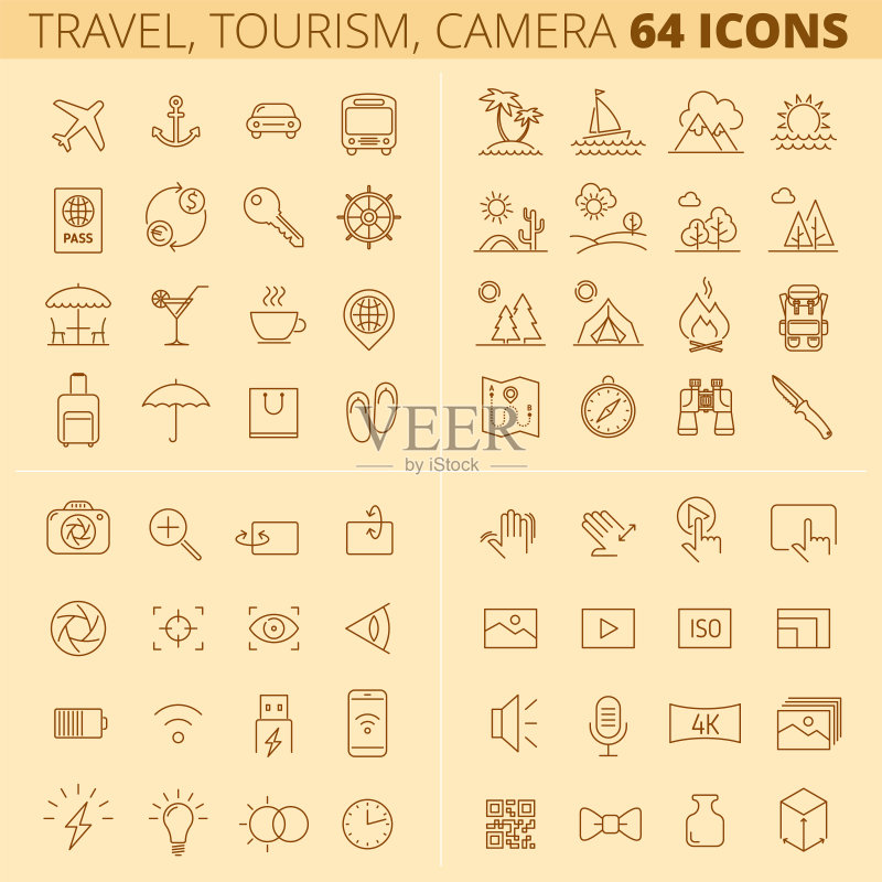 旅行、旅游、夏季假期、照片和摄像机线性图标图标素材