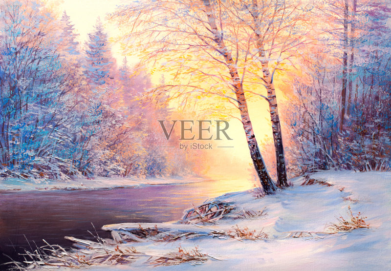 圣诞森林与河流正版插画素材