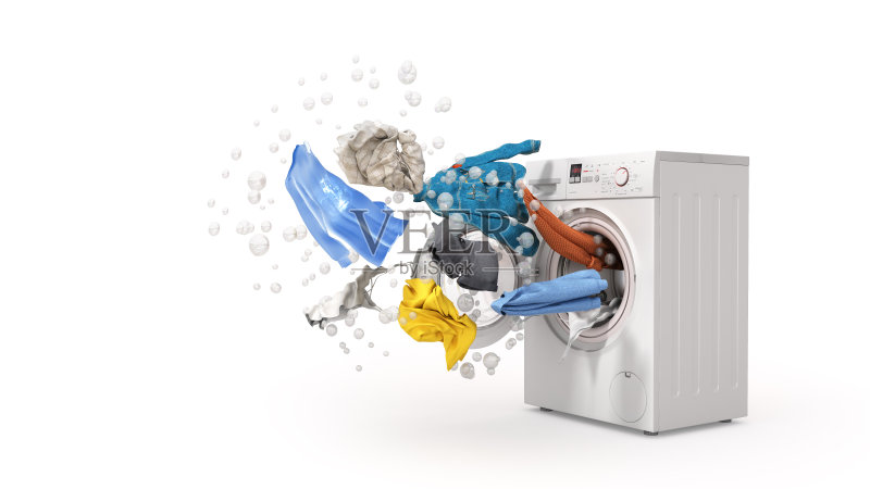 洗衣机和飞行的衣服在白色的背景正版图片素材