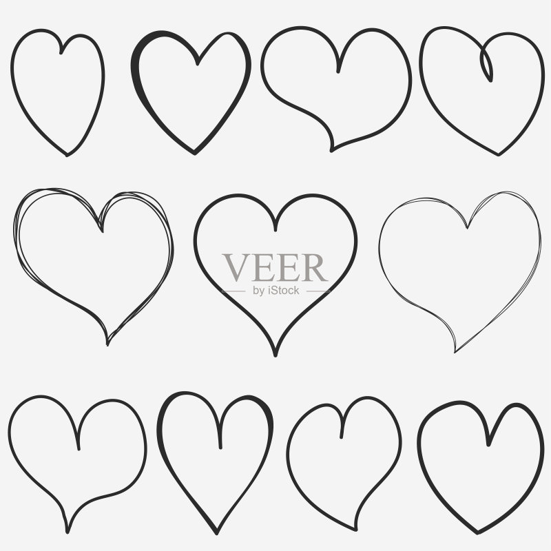 为情人节收集的心形涂鸦。手绘黑心集。向量正版插画素材