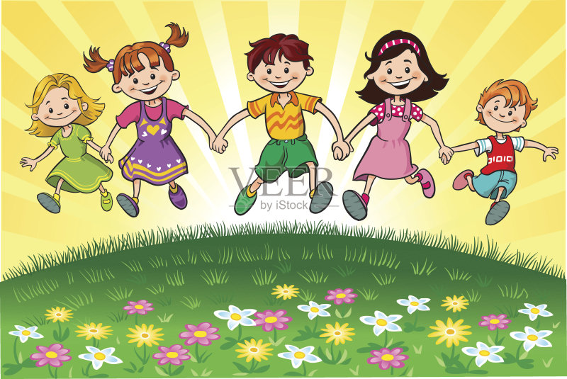 快乐的孩子在草地上奔跑正版元素素材