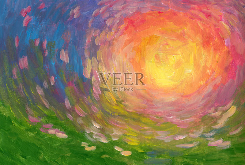 夏日阳光油画，印象派正版插画素材