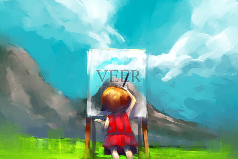 红裙少女油漆工在户外的山正版插画素材
