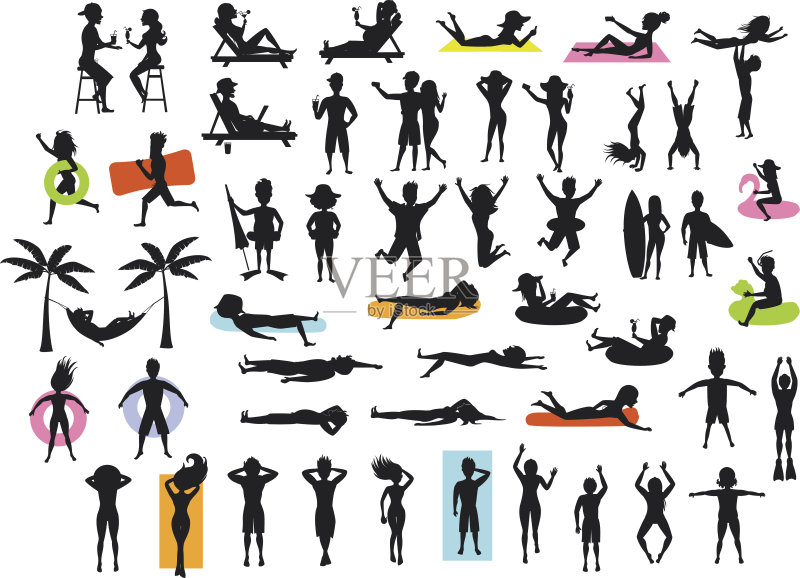 剪影收集的人享受夏天的海滩假期假期。男人，女人，情侣日光浴，游泳，漂浮，躺在充气圈和床垫上，吊床上，喝鸡尾酒正版插画素材