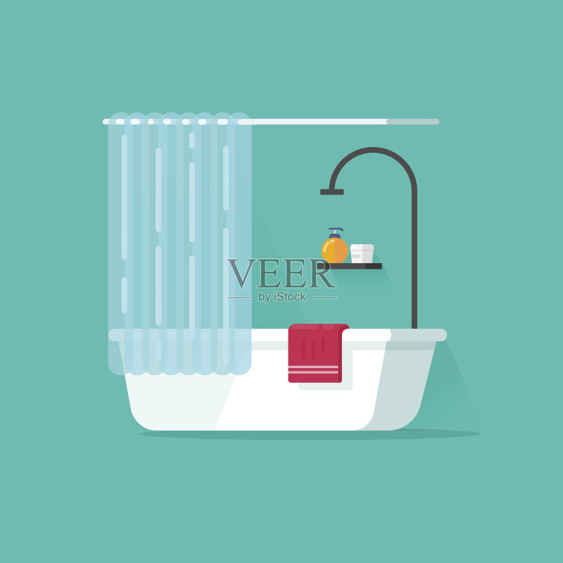 浴室空矢量插图，平面卡通浴缸淋浴，浴缸正版插画素材