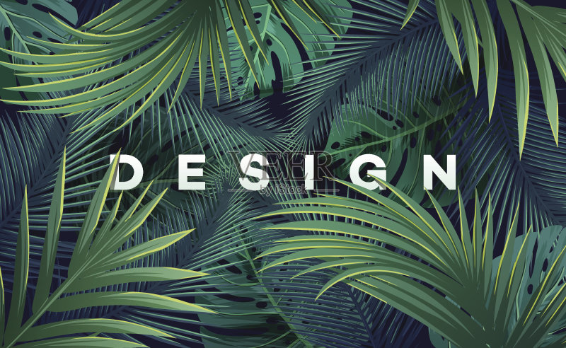 明亮的热带背景与丛林植物。带有棕榈叶的异国图案。正版插画素材