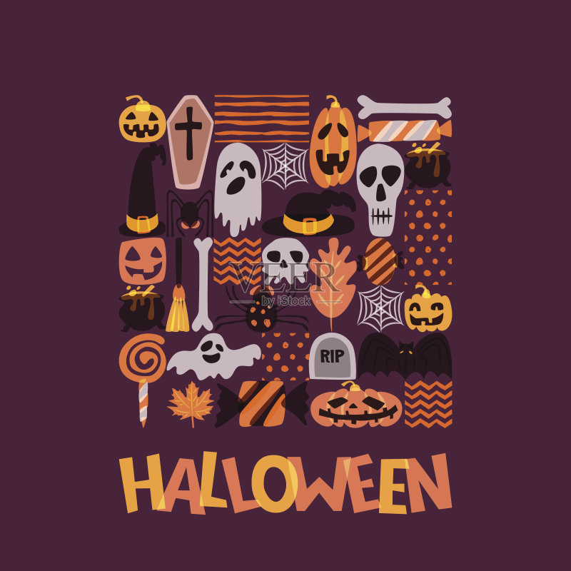 矢量万圣节方块插图与手绘涂鸦南瓜，骷髅，女巫帽子，骨头，糖果，蜘蛛，幽灵。正版插画素材