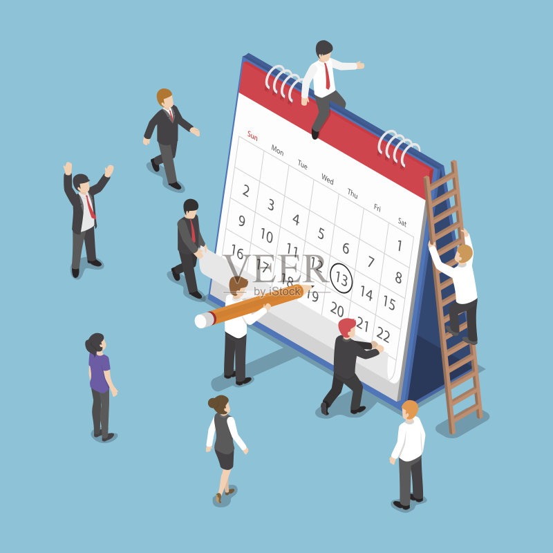 桌面日历上的等距商务人员调度操作正版插画素材