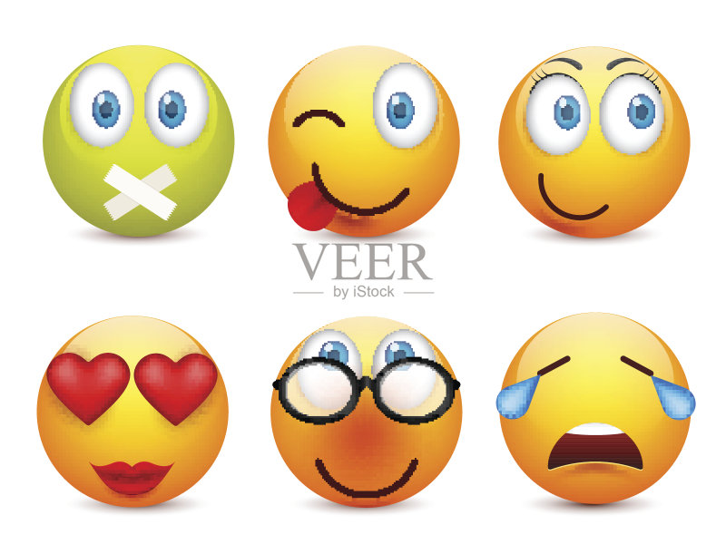 蓝眼睛的笑脸，表情包。黄脸带着情绪。面部表情。3 d现实emoji。伤心,高兴,生气的脸。有趣的卡通人物。情绪。矢量插图图标素材