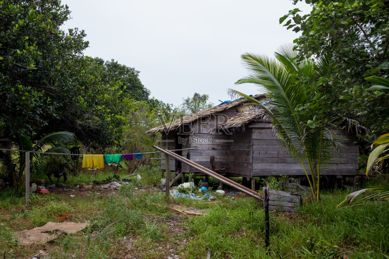 印度尼西亚加里曼丹丛林中的当地小屋正版图片素材
