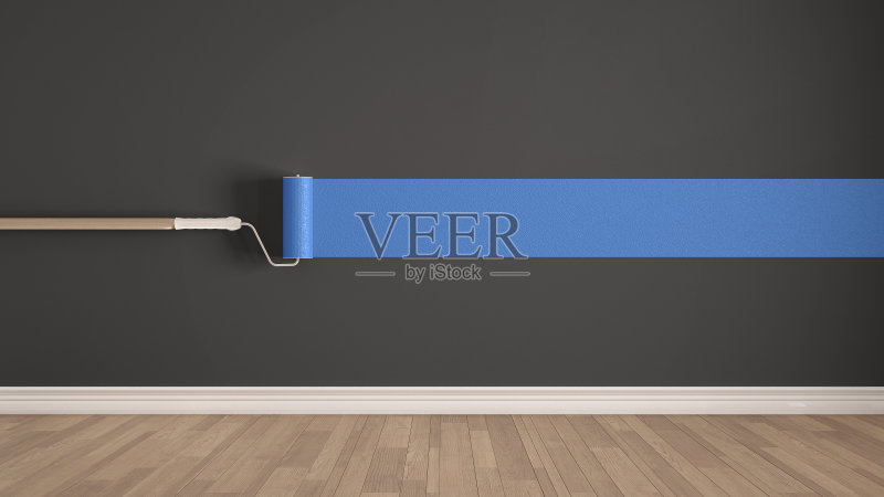 空房间油漆辊和油漆墙，木地板，灰色和蓝色的极简主义室内设计正版图片素材