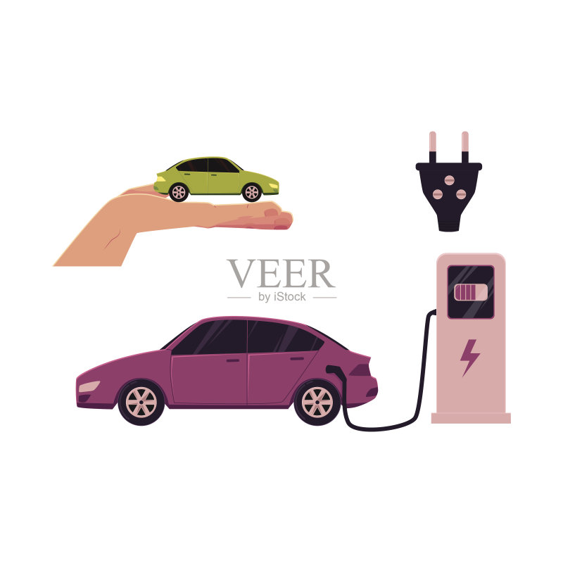 矢量平板电动汽车在车站充电正版插画素材