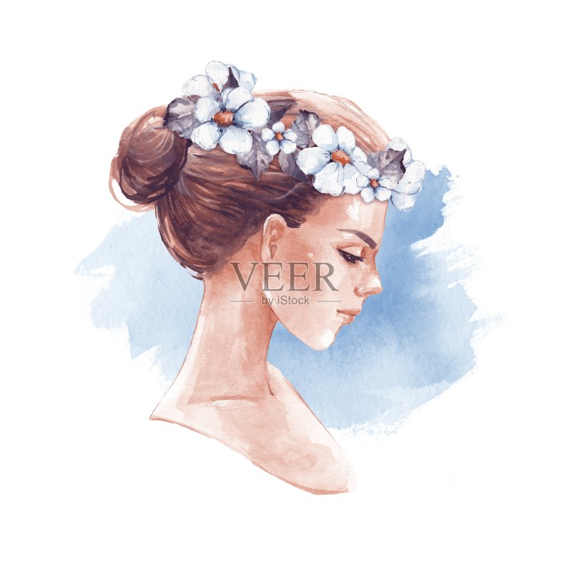 女孩在花环。浪漫的水彩插图正版插画素材