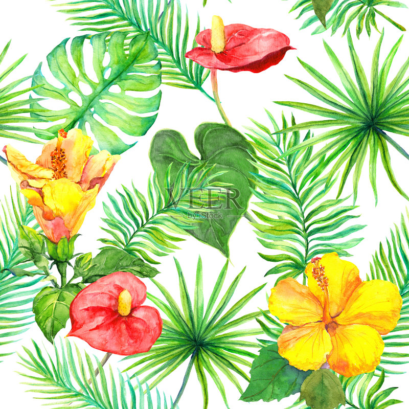 热带的叶子，奇异的花朵。无缝的丛林模式。水彩画正版插画素材