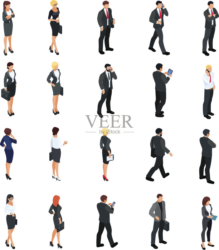 一组等距商人孤立在白色背景。正版插画素材