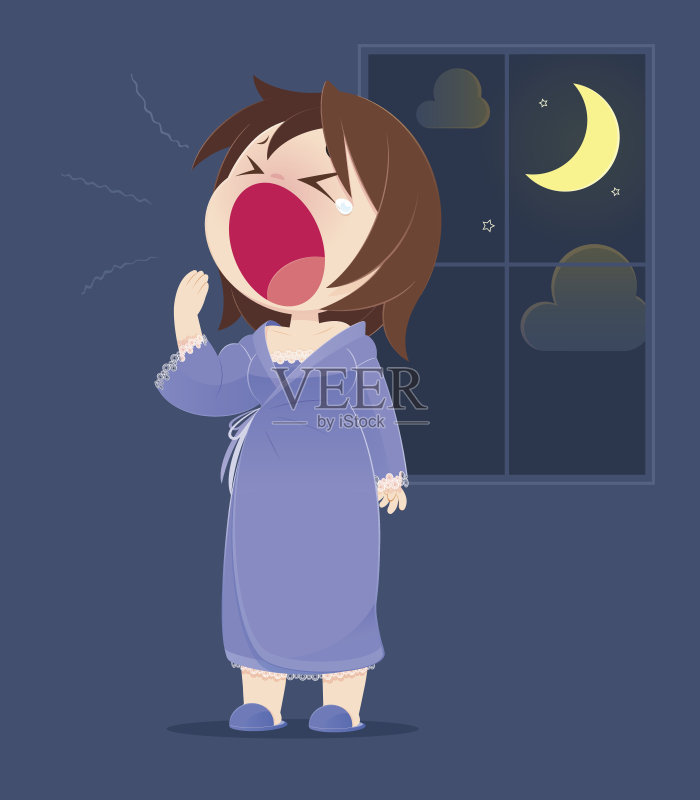 穿着睡衣的卡通女人打哈欠。概念与卡通设计。矢量图正版元素素材