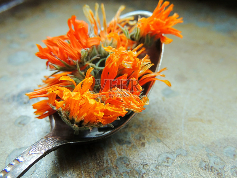 金盏花干金盏花银匙钢背景。正版图片素材
