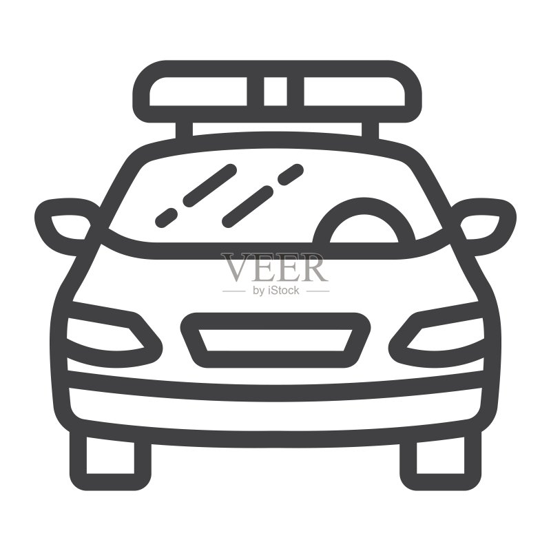 警车线条图标：交通运输和汽车，警察标志矢量图形，白色背景上的线性图案，EPS 10图标素材