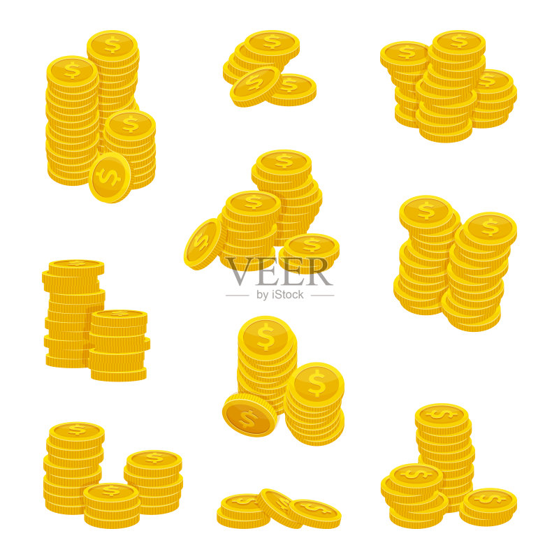 不同的金币堆叠。黄金货币的矢量插图正版插画素材