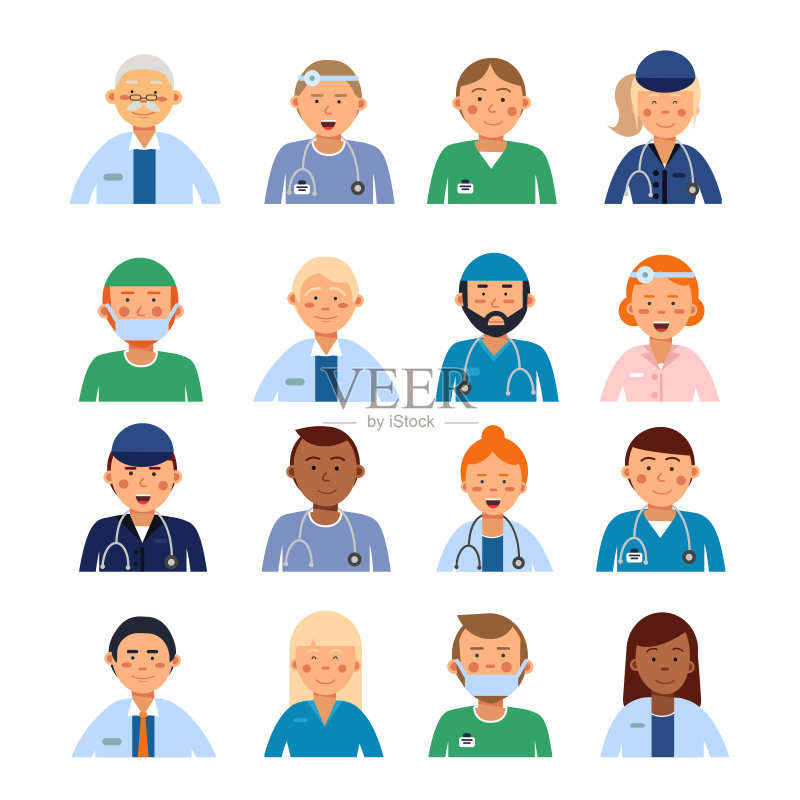 男女医学人物穿着不同的职业装。人们在医院的化身正版插画素材