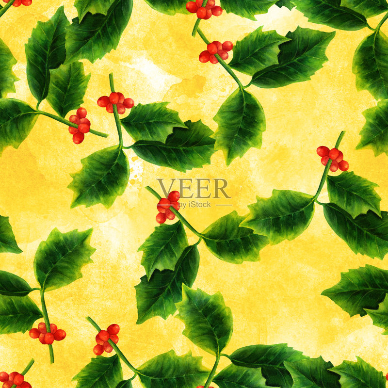 金色水彩圣诞冬青无缝图案正版插画素材