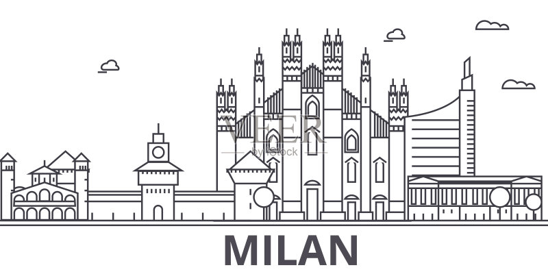 米兰建筑线天际线插图。线性向量的城市景观与著名的地标，城市景观，设计图标。风景与可编辑的笔触正版插画素材