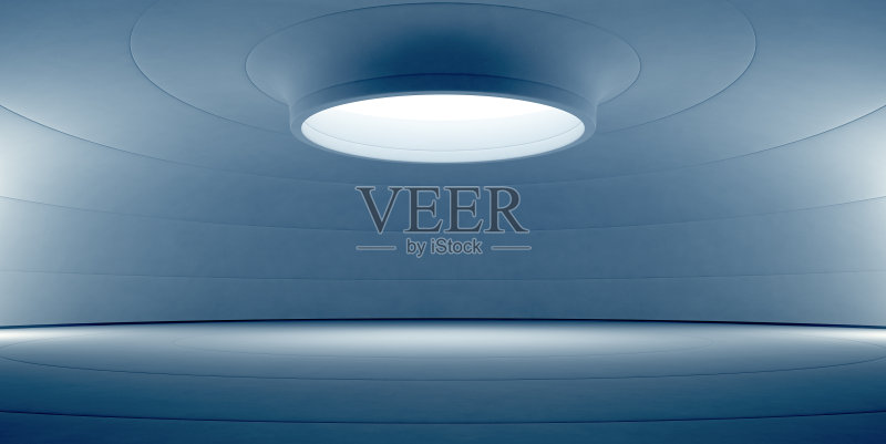 抽象的蓝色现代展厅室内设计，空白的白色地板和弯曲的混凝土墙背景，未来建筑或宇宙飞船的产品展示舞台正版插画素材