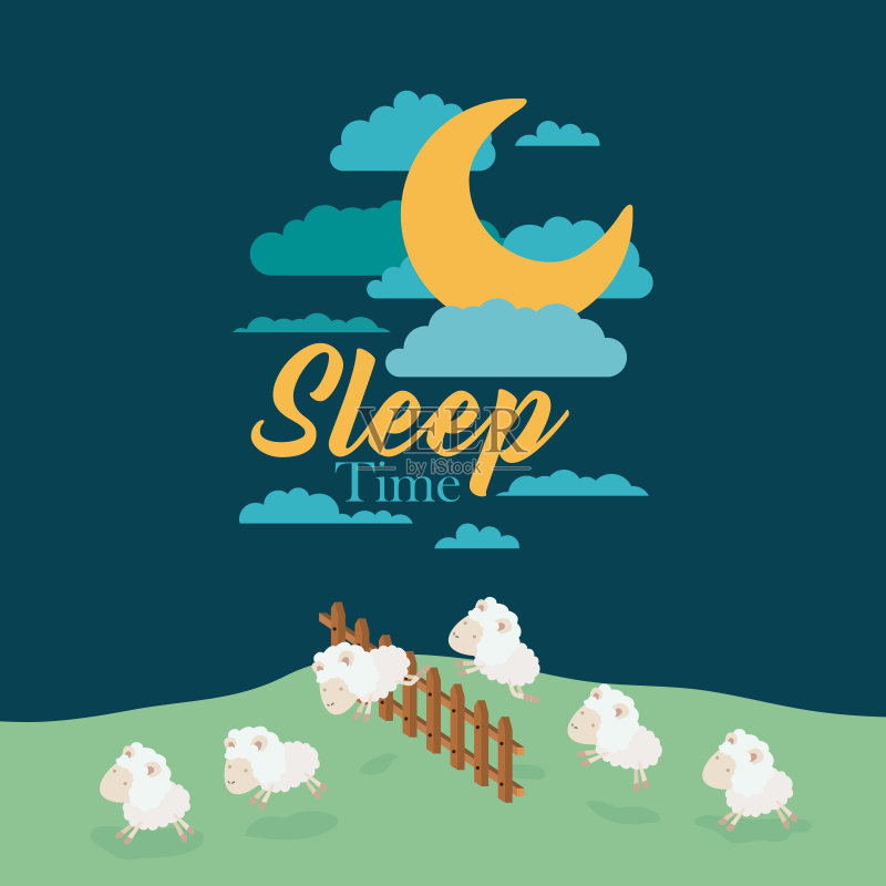 夜景的彩色风景，睡觉的时候用羊跳木栅栏正版插画素材