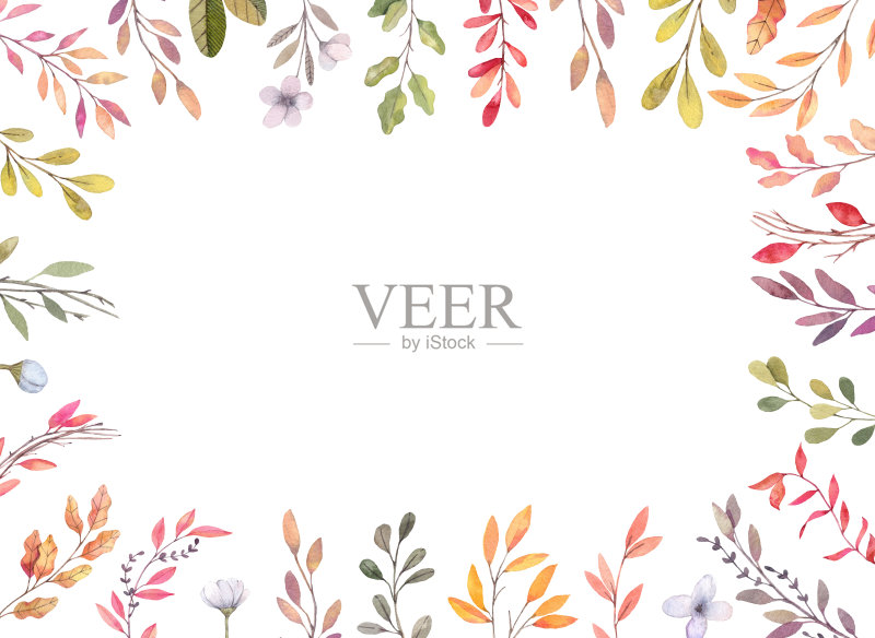 手绘水彩插图。秋季植物边界。一套秋叶和树枝。花的框架。完美的邀请，贺卡，博客，海报，印刷品正版插画素材