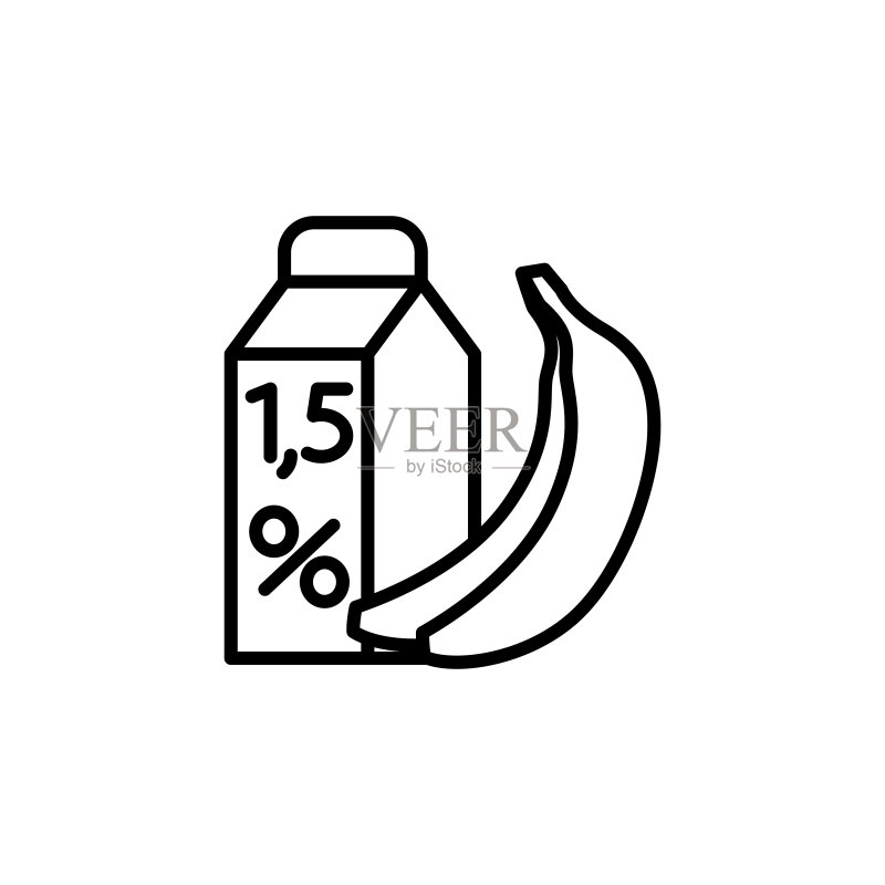 白色背景上的细线低热量牛奶和香蕉图标图标素材