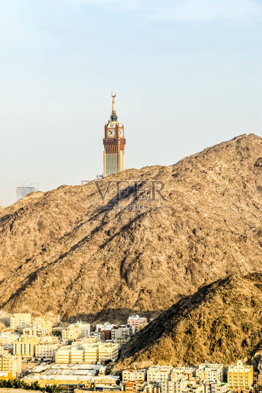 沙特阿拉伯麦加圣城与钟楼，山景麦加塔正版图片素材