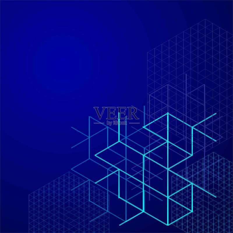 蓝色背景上的数字抽象盒子。线和立方体矢量插图。正版插画素材
