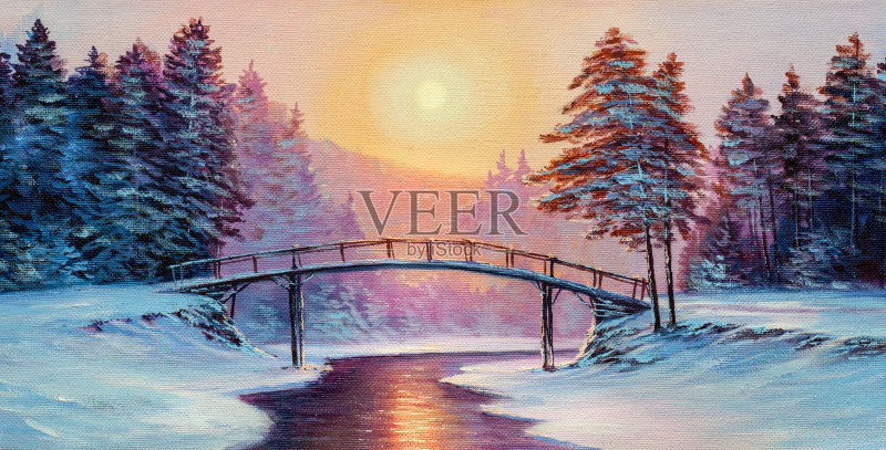 小桥和白雪覆盖的风景正版插画素材