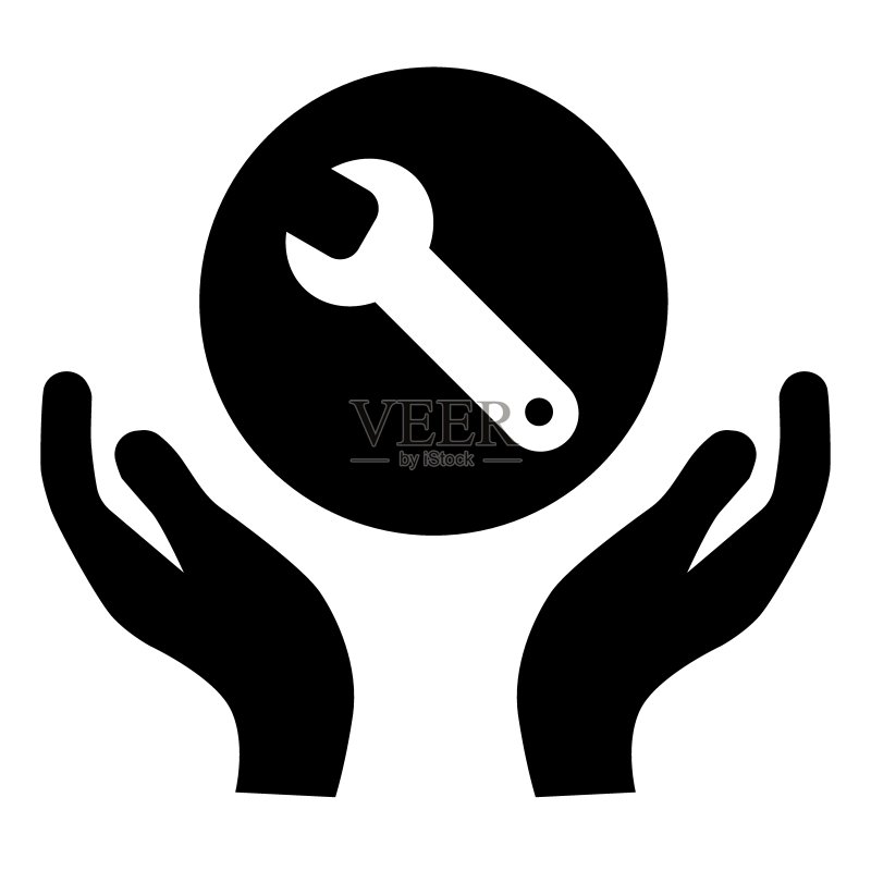 手中的扳手线性图标，技术支持，维修服务，扁平简约的实体图，白色背景图标素材