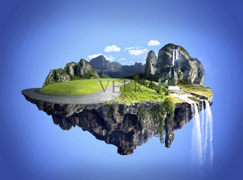 令人惊叹的梦幻风景与浮岛，瀑布和田野在蓝天的背景正版图片素材