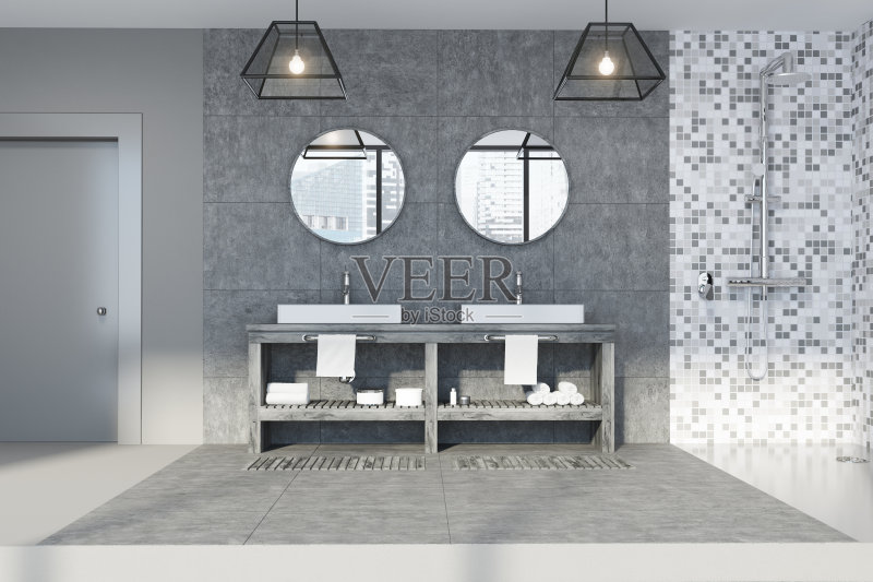 灰色瓷砖浴室，双水槽正版图片素材