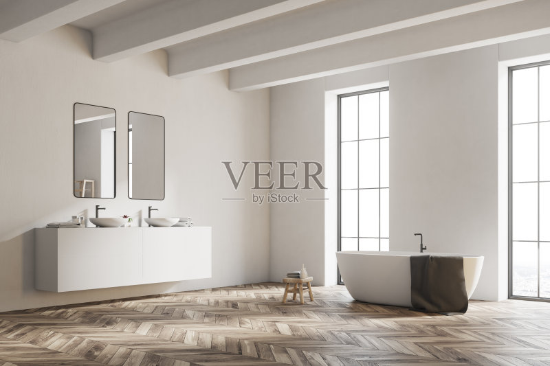 白色浴室的一角，铺着木地板正版图片素材