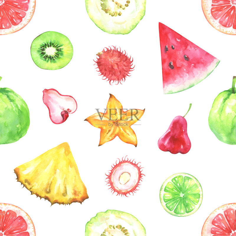 手绘无缝图案，异域水果正版插画素材