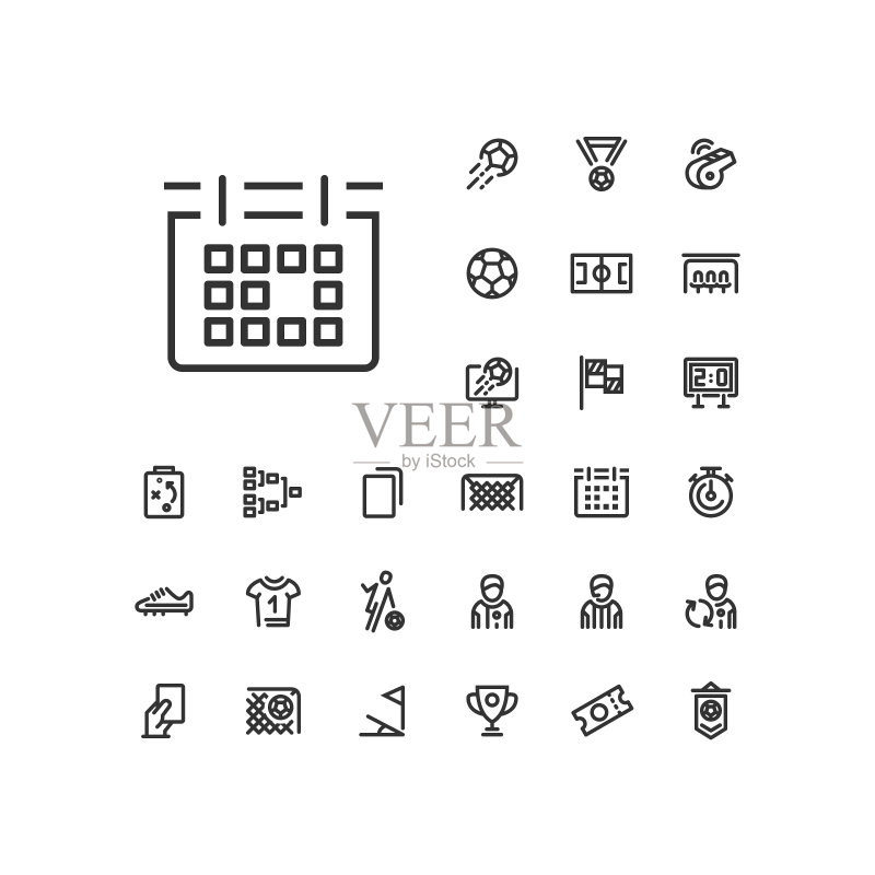 白色背景上的统计数据图标足球线性图标，用于Web和移动App图标素材