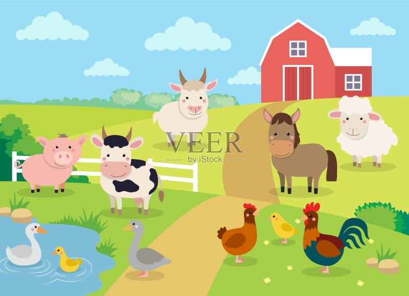 农场动物与景观-可爱的卡通矢量插图农场，牛，猪，马，山羊，绵羊，鸭子，母鸡，鸡和公鸡正版插画素材