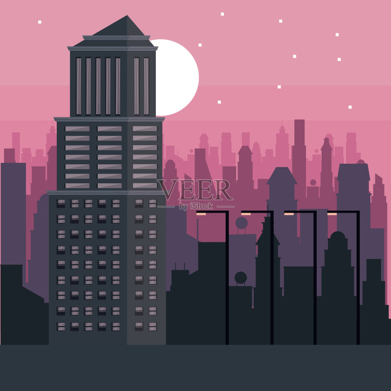 夜间的建筑和城市景观正版插画素材