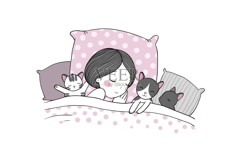 睡觉的女孩和猫在床上。晚安，各位。正版插画素材