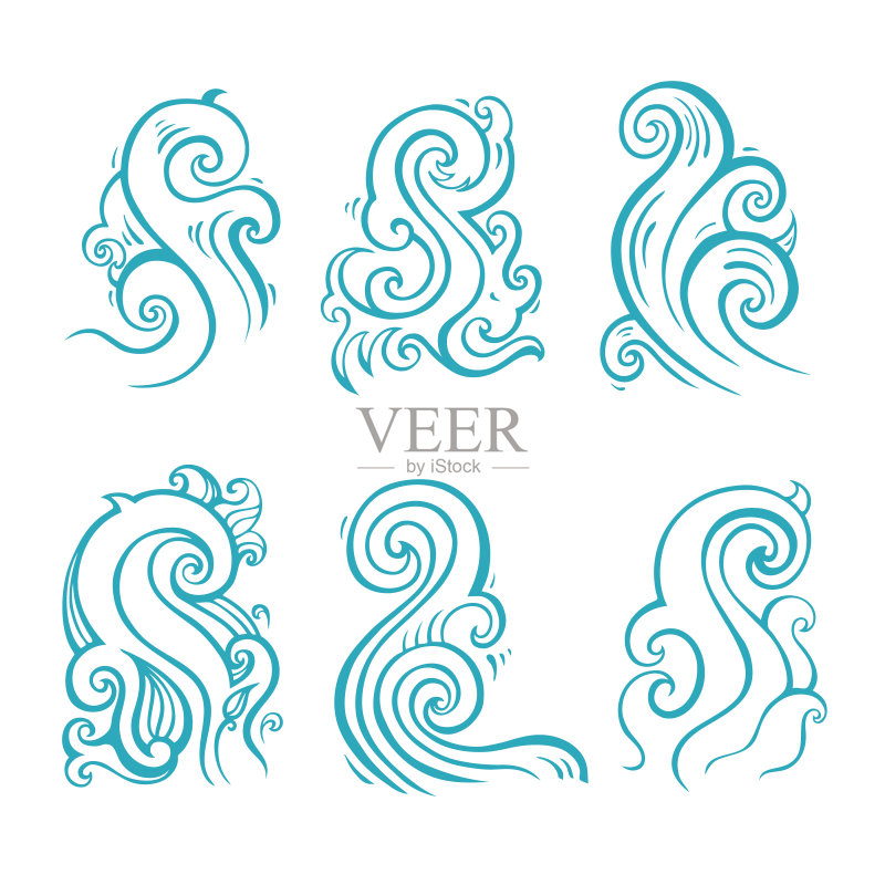 海浪设置，手绘插图正版插画素材