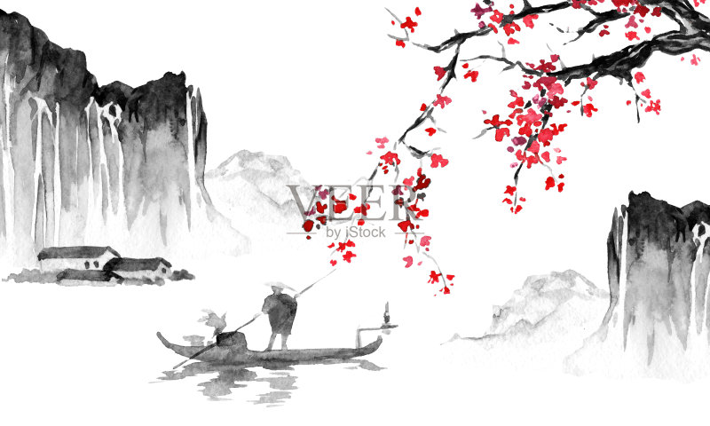 日本传统sumi-e画。墨汁插图。日本的照片。人，船，樱花，山正版插画素材