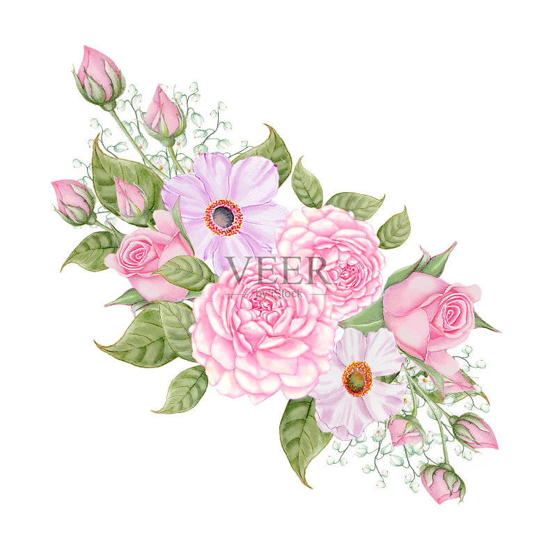 婚礼花。粉色的鲜花花束。水彩手绘植物插画。正版插画素材