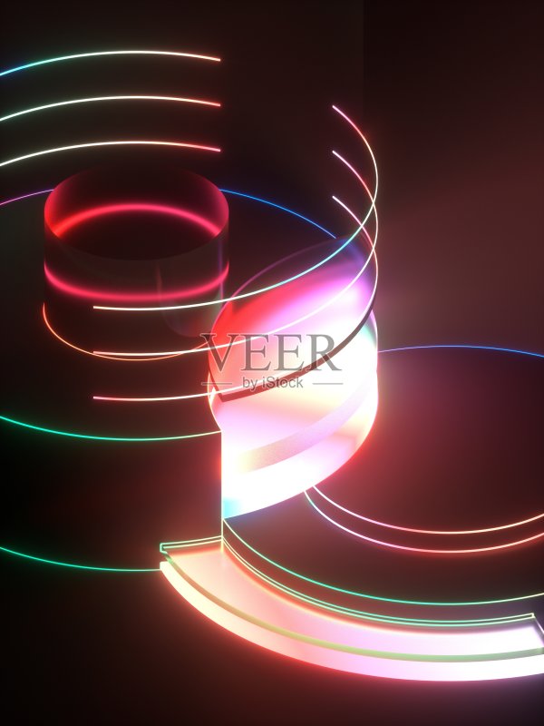 3d渲染，现代抽象几何背景，极简主义的空橱窗，闪烁的霓虹灯，原始的建筑形状，商店展示模型，发光的边缘，生动的色彩正版图片素材