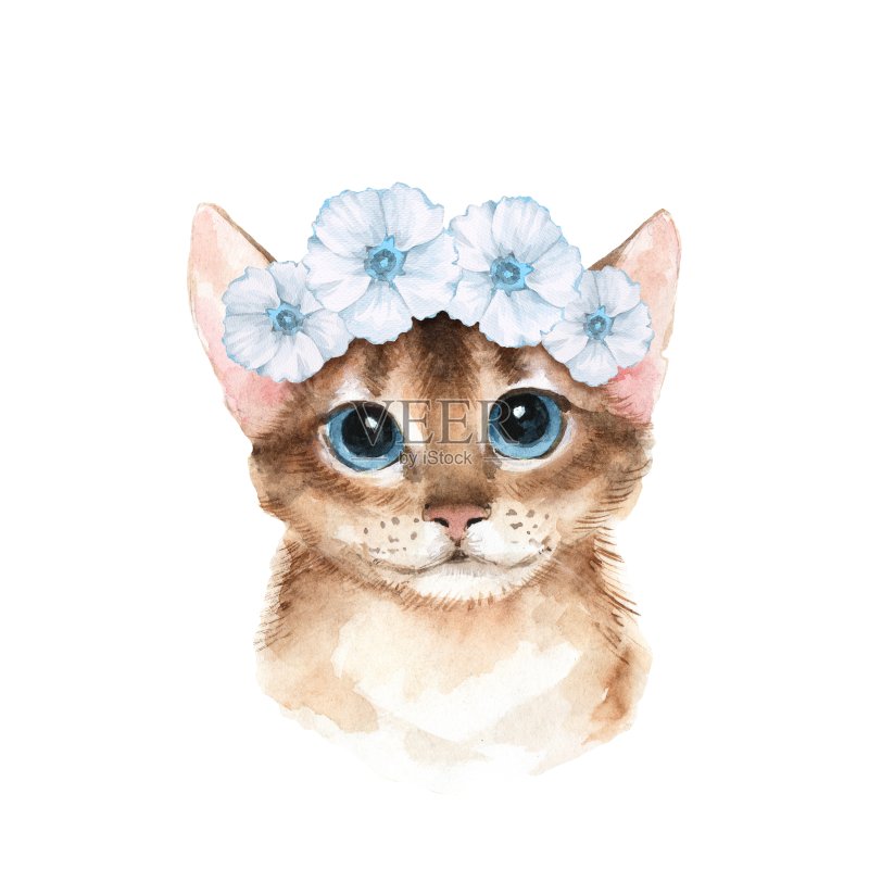 猫在花环。水彩插图正版插画素材